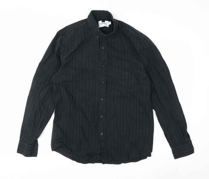 Topman Men's Black Striped Long Sleeve Button-Up Shirt Size M