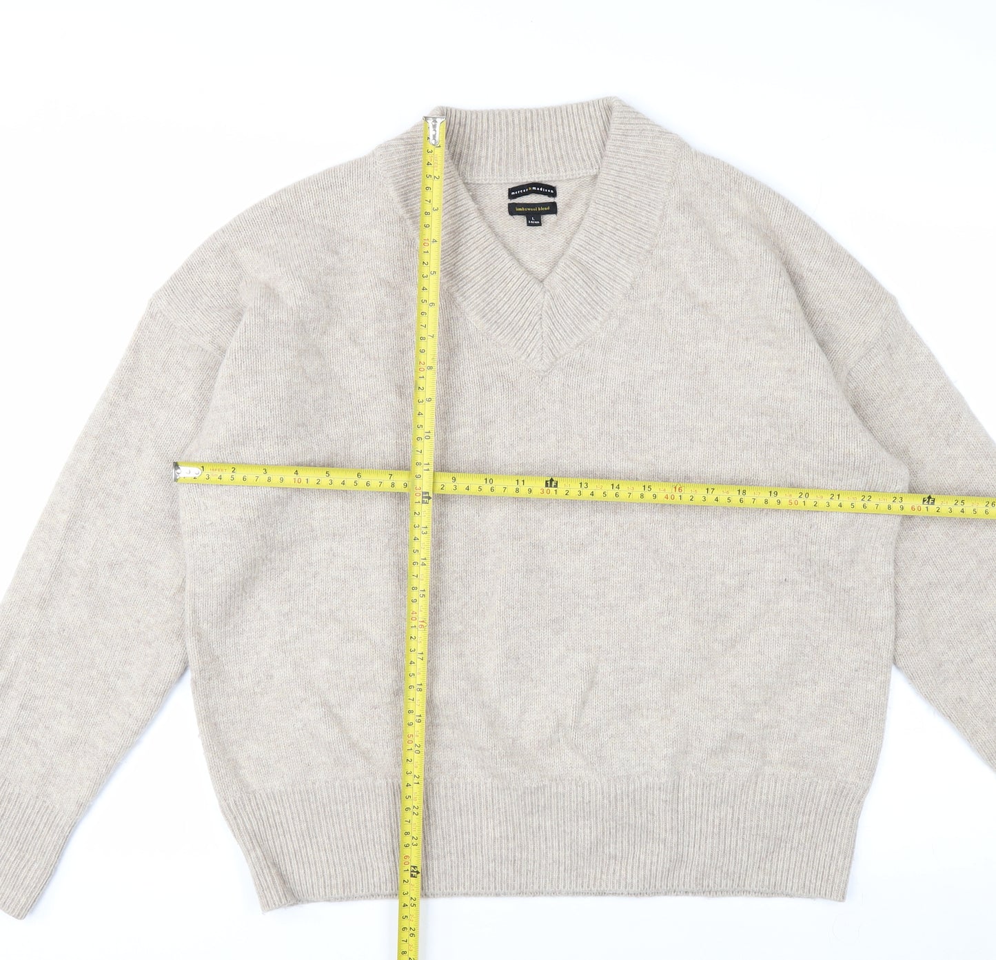Mercer & Madison Men’s Beige Wool Blend V-Neck Jumper Size L