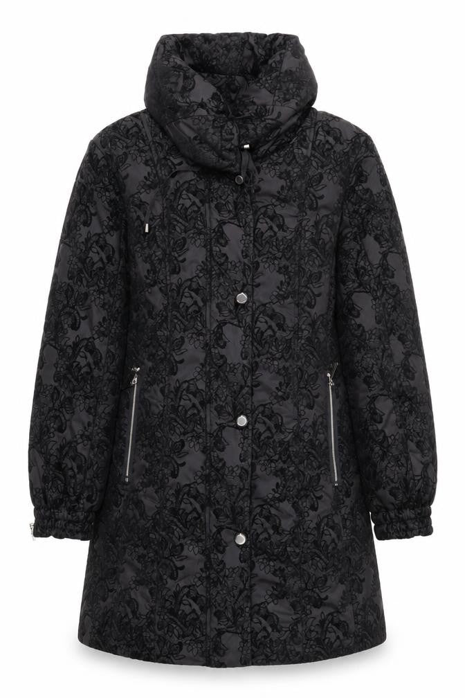 Front view of Klass Women’s Black Lace Long Puffer Coat, size M, Winter Jacket