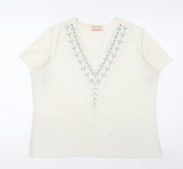 Riddella Women’s Ivory Beaded V-Neck Stretch T-Shirt Size 16