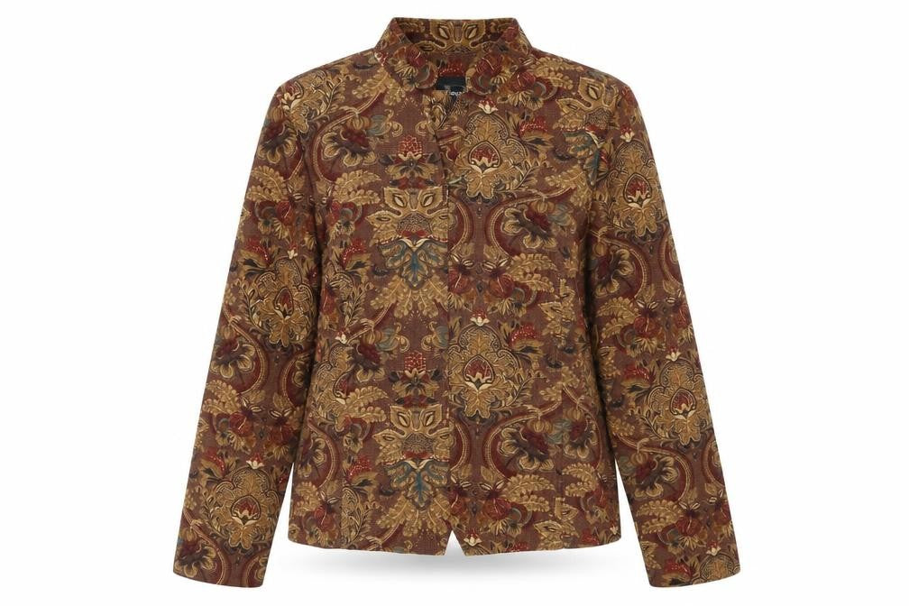Front view of Requirements Women's Brown Paisley Classic Blazer, size M