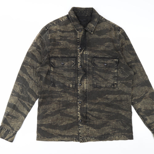 AllSaints Men's Green Camouflage Relaxed Fit Cotton Button-Up Shirt Small