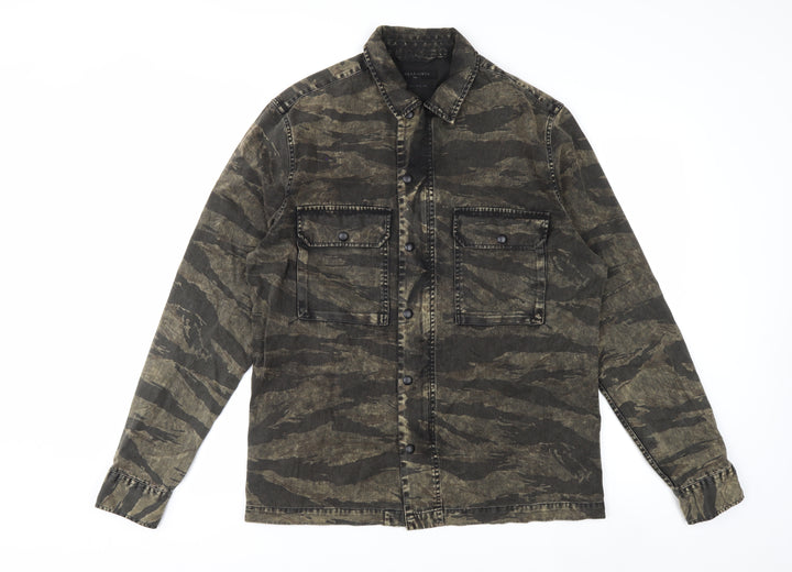 AllSaints Men's Green Camouflage Relaxed Fit Cotton Button-Up Shirt Small