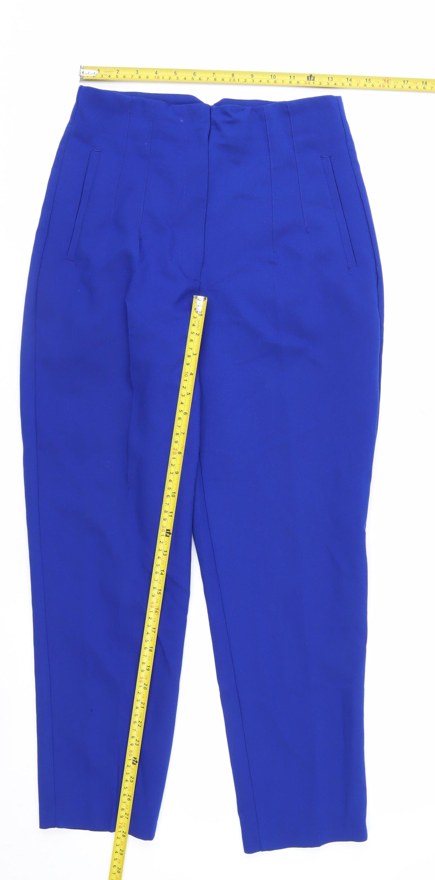 Zara Women Blue Cropped Tapered Trousers Size L Tailored Workwear