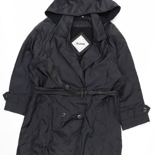 Klass Women’s Black Trench Coat Size 12 Hooded Belted Long