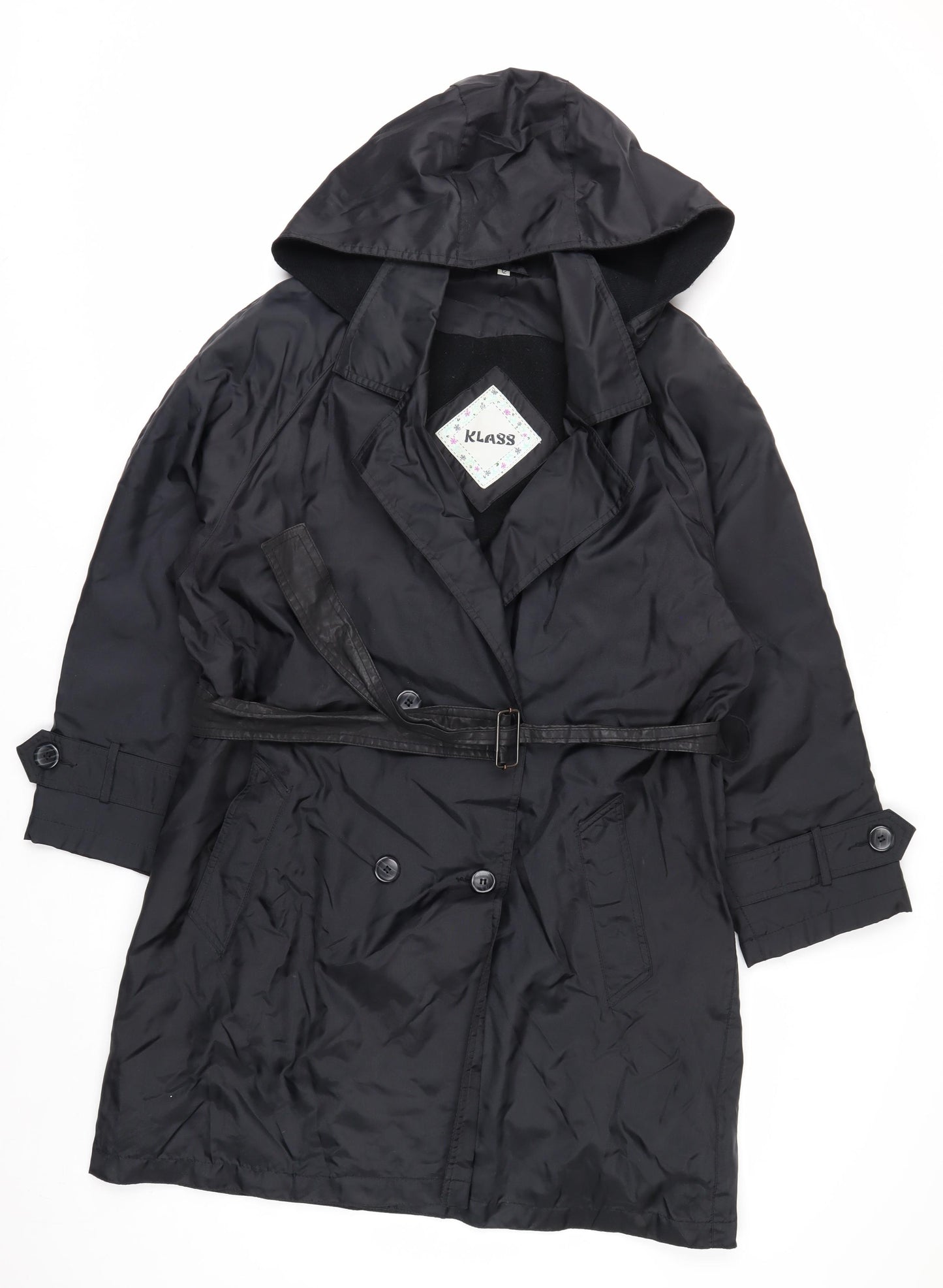 Klass Women’s Black Trench Coat Size 12 Hooded Belted Long
