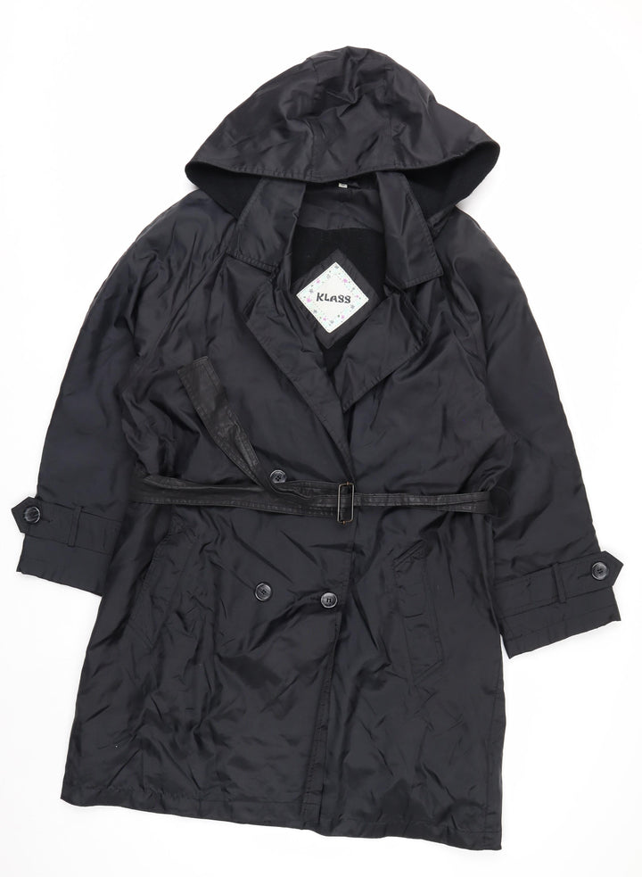 Klass Women’s Black Trench Coat Size 12 Hooded Belted Long