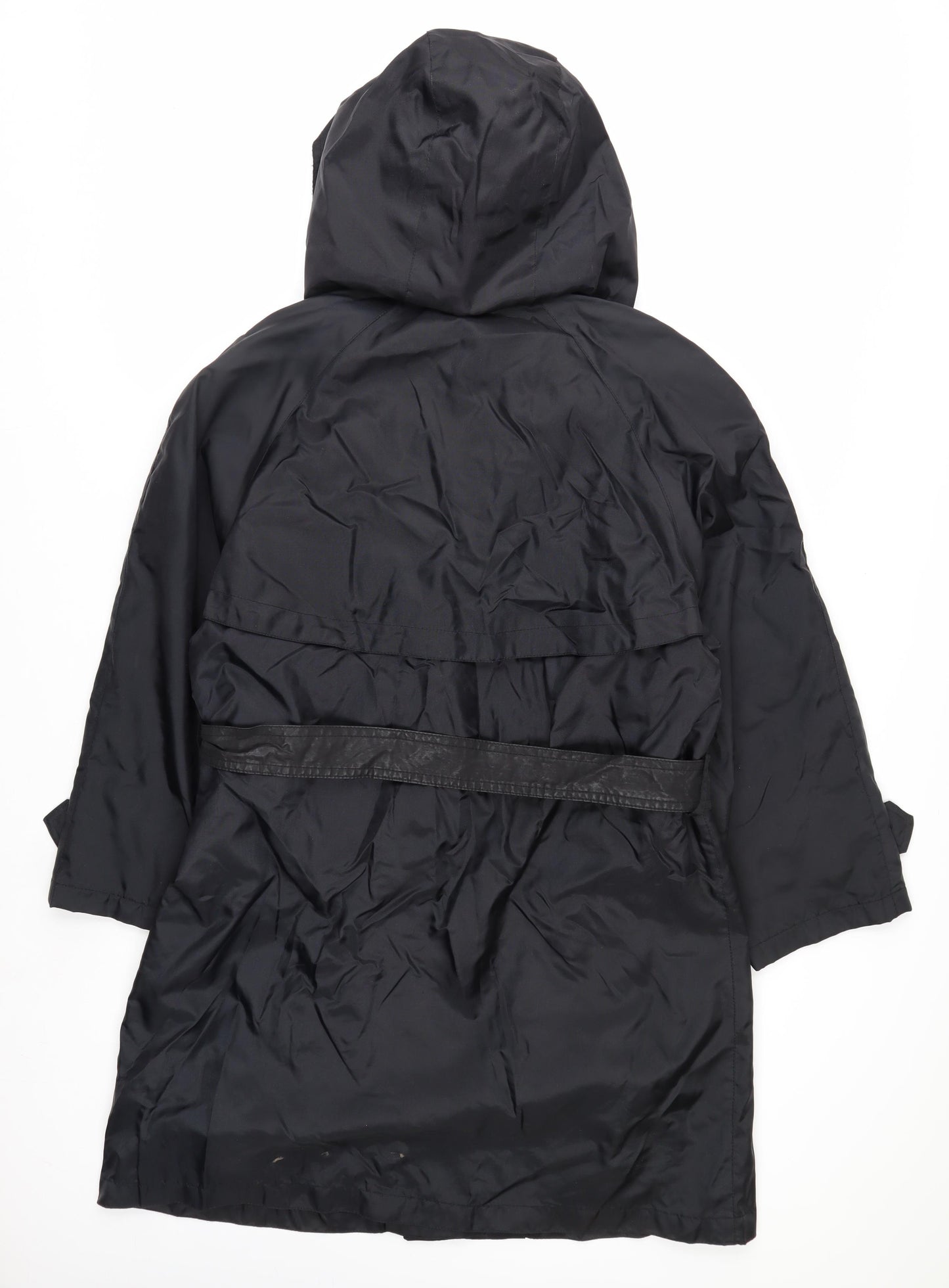 Klass Women’s Black Trench Coat Size 12 Hooded Belted Long