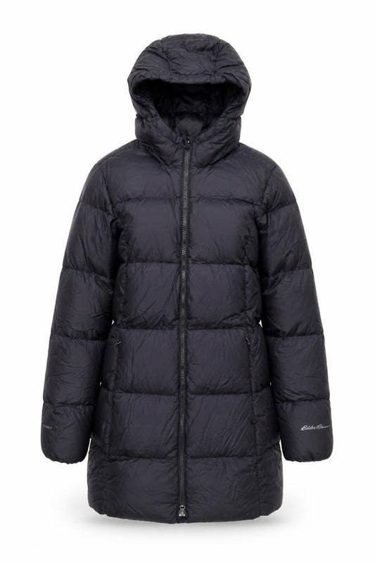 Front view of Eddie Bauer Women Black M Hooded Long Puffer Jacket Warm Winter Coat