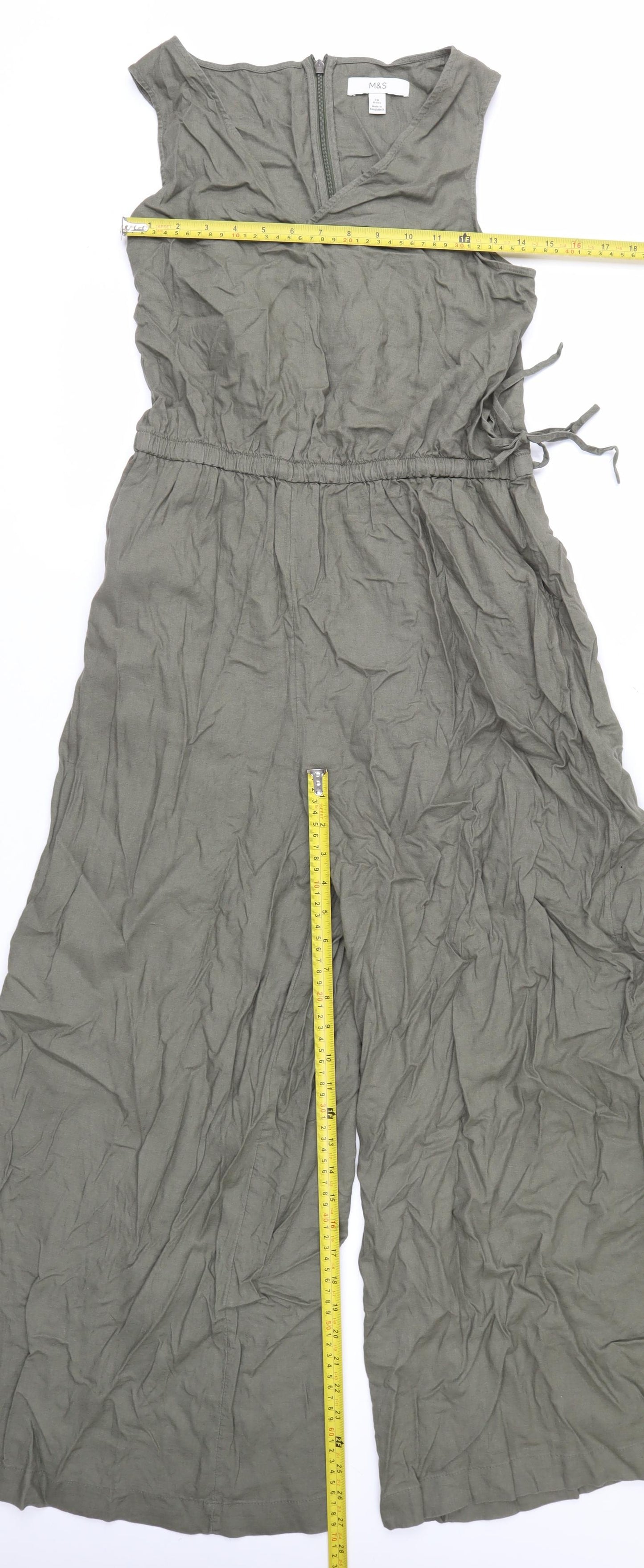 Marks and Spencer Women’s Green Linen Petite Wide-Leg Jumpsuit Size 10