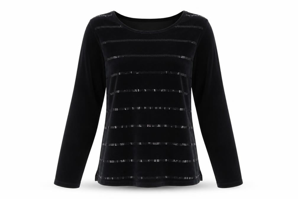 Front view of Quacker Factory Women's Black Sequin Velvet Long Sleeve Top, size M