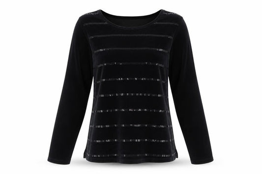 Front view of Quacker Factory Women's Black Sequin Velvet Long Sleeve Top, size M