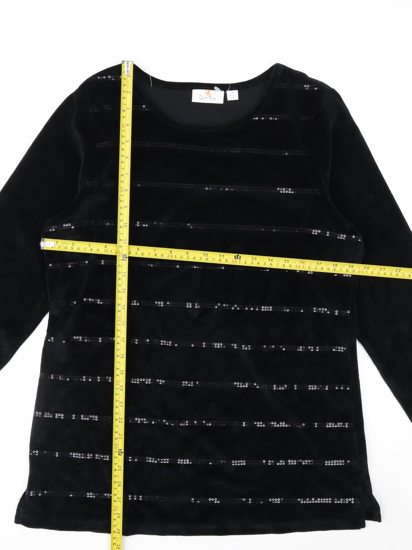 Quacker Factory Women's Black Sequin Velvet Long Sleeve Top Size M