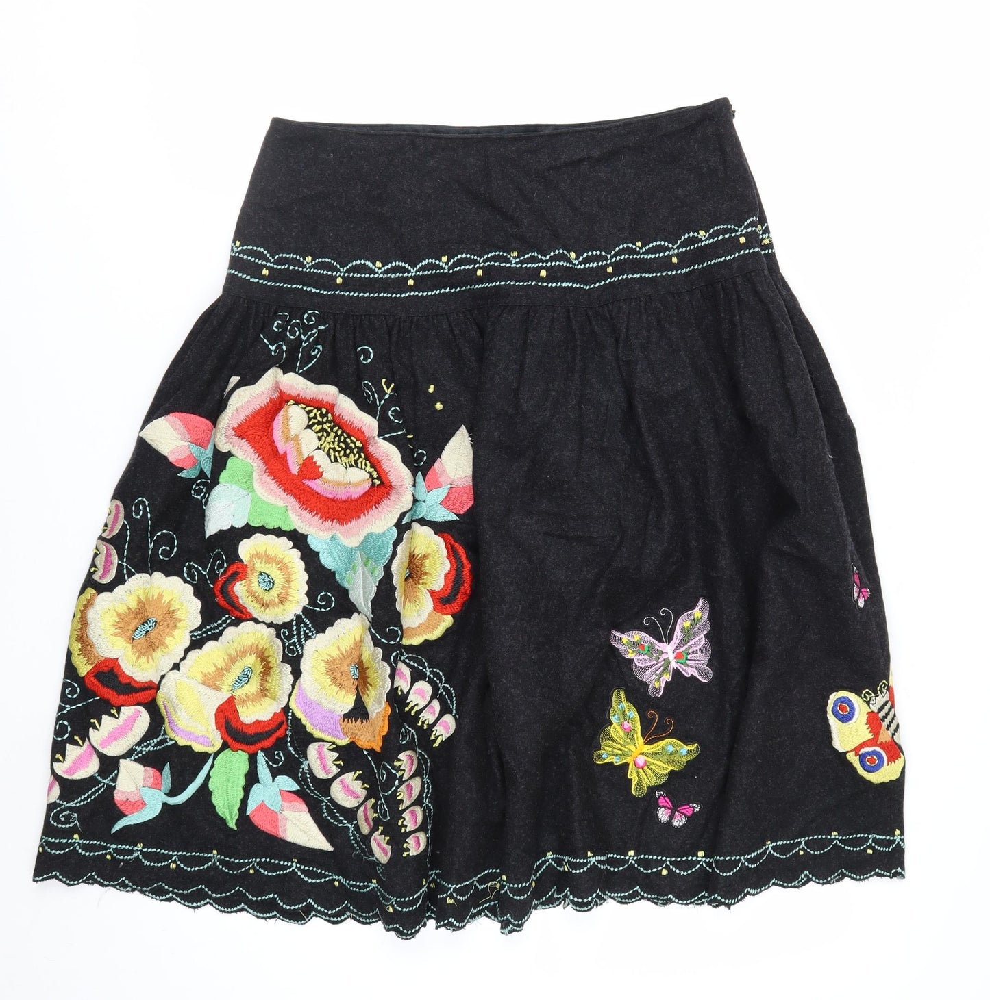 Whistles Women Black Floral Embroidered A-Line Skirt UK 10