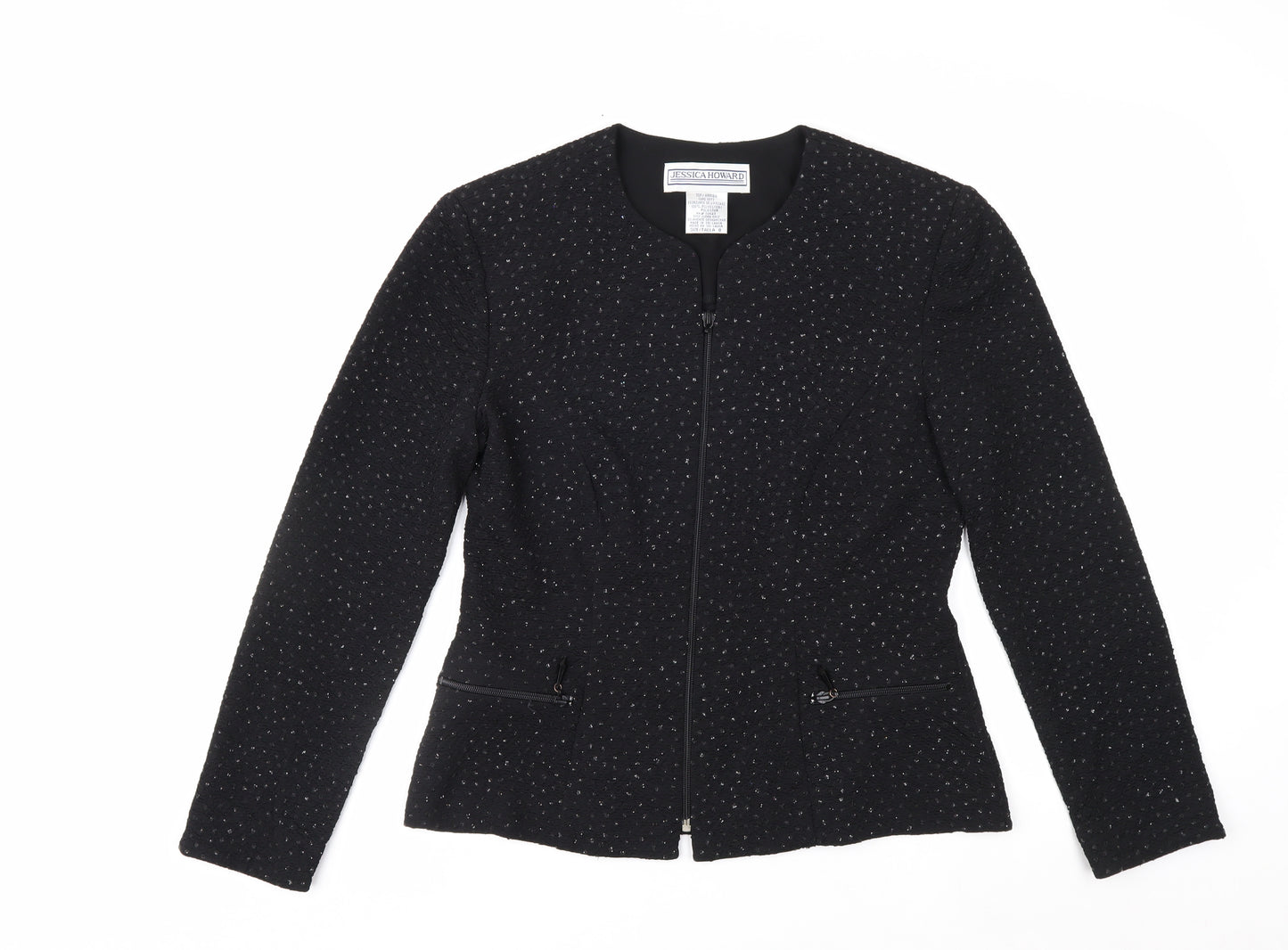 Jessica Howard Womens Black Textured Zip Blazer Size 12