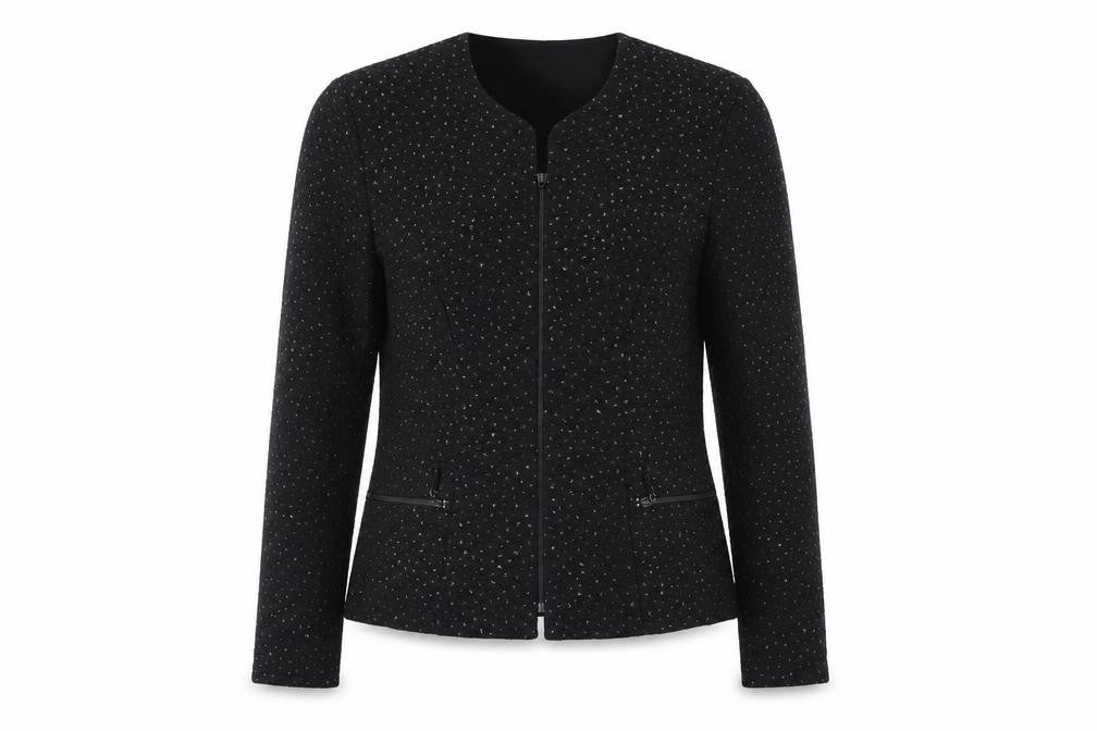 Front view of Jessica Howard women’s black textured zip blazer, size UK 12