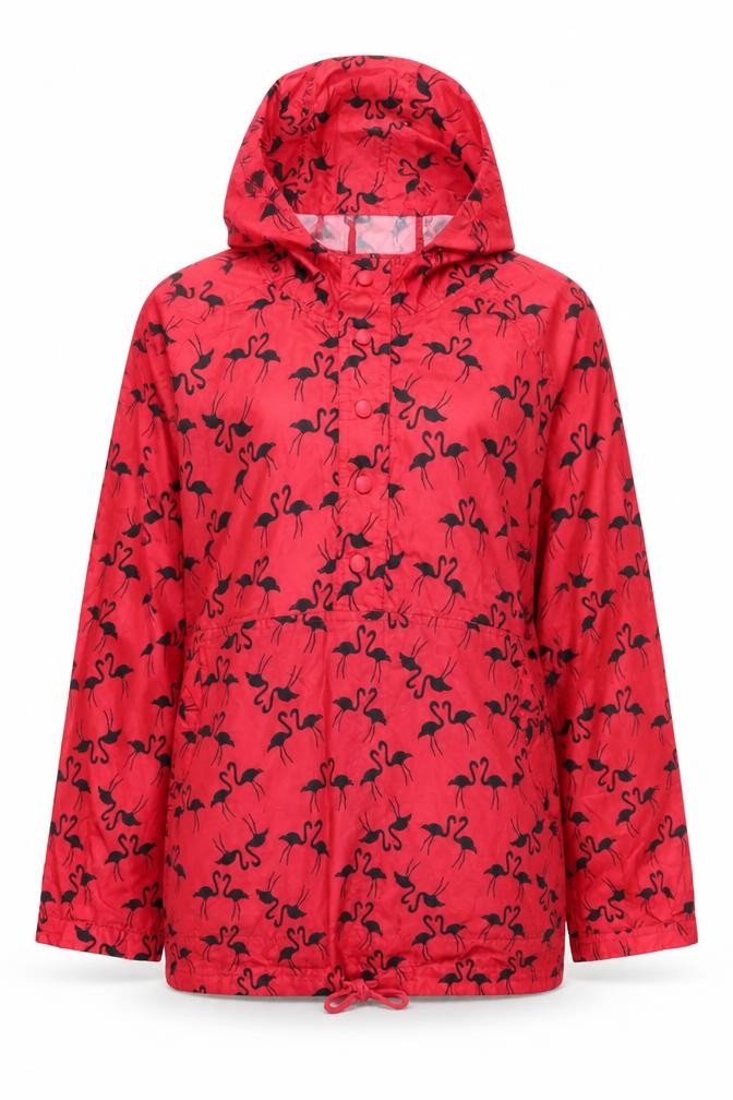 Front view of Next Women Red Flamingo Hooded Rain Coat Jacket M