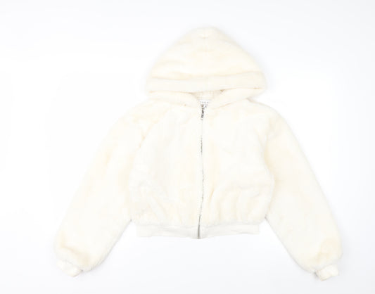 Topshop Women’s Ivory Faux Fur Hooded Bomber Jacket XS