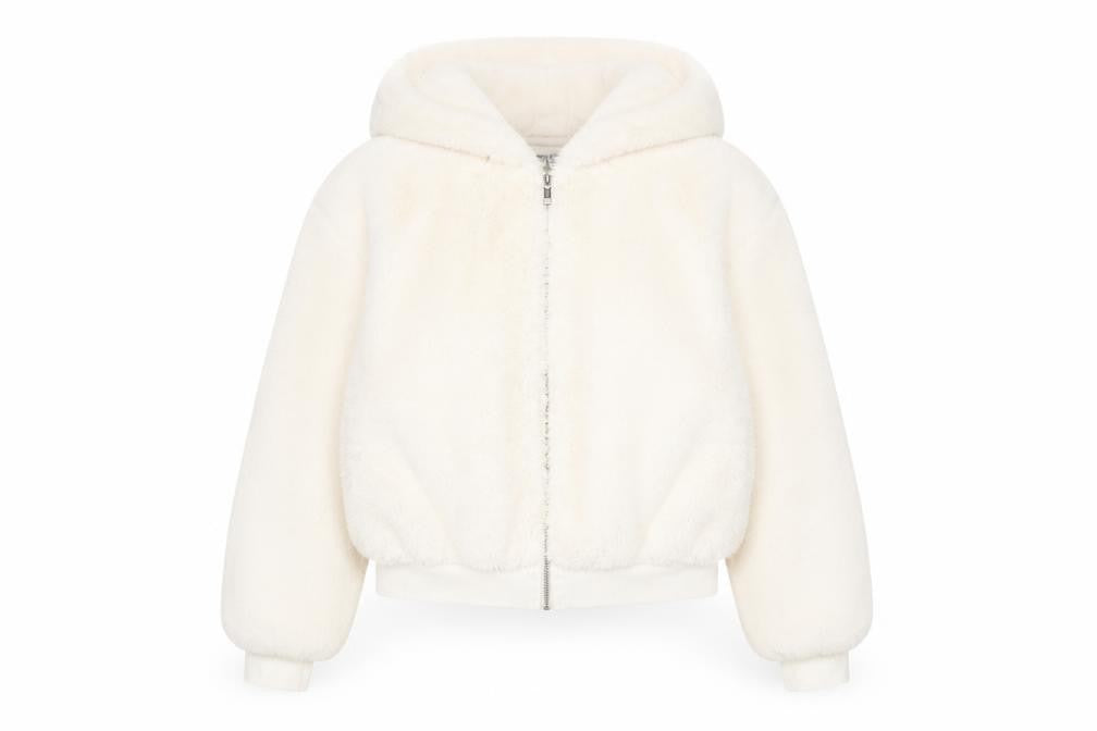 Topshop Women’s Ivory Faux Fur Hooded Bomber Jacket XS