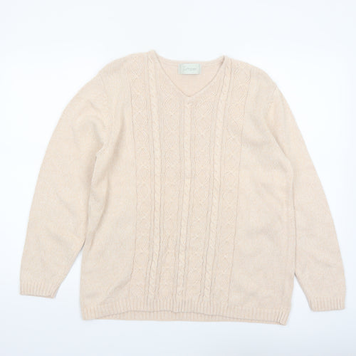 Jumper Women Beige V-Neck Cable-Knit Cotton Pullover L