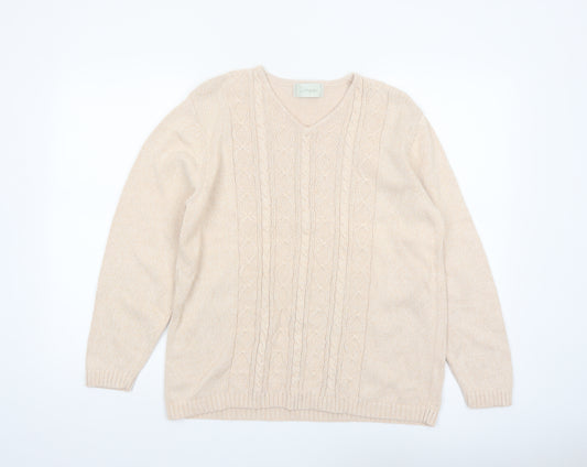 Jumper Women Beige V-Neck Cable-Knit Cotton Pullover L