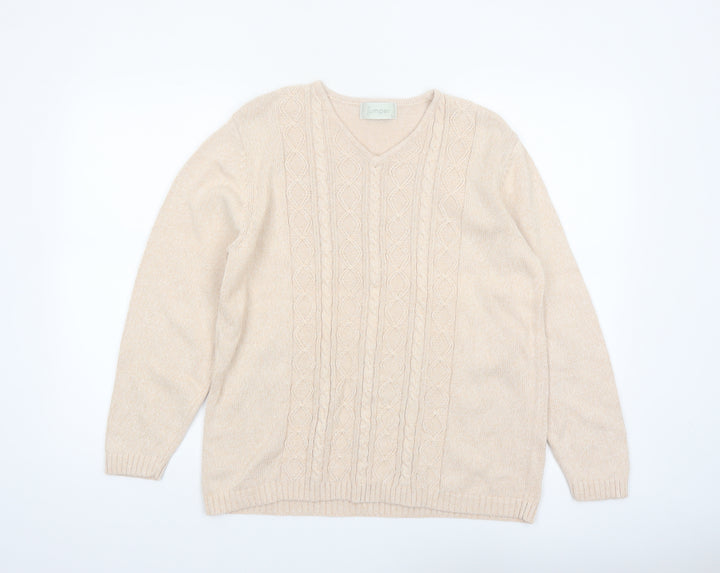 Jumper Women Beige V-Neck Cable-Knit Cotton Pullover L