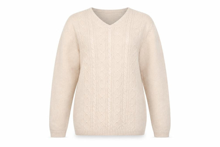 Jumper Women Beige V-Neck Cable-Knit Cotton Pullover L