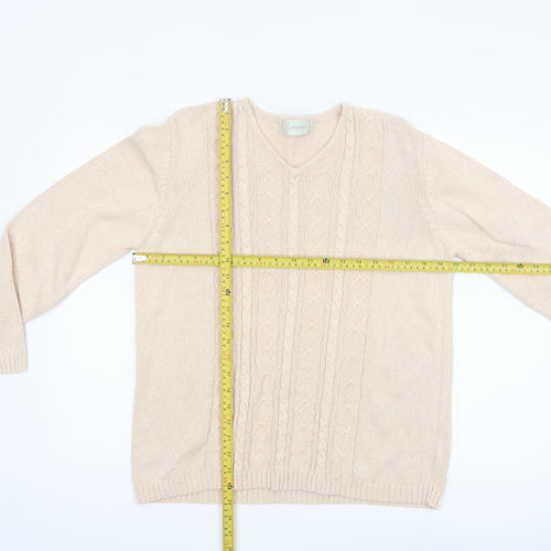 Jumper Women Beige V-Neck Cable-Knit Cotton Pullover L