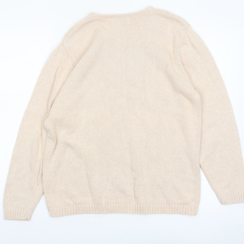 Jumper Women Beige V-Neck Cable-Knit Cotton Pullover L