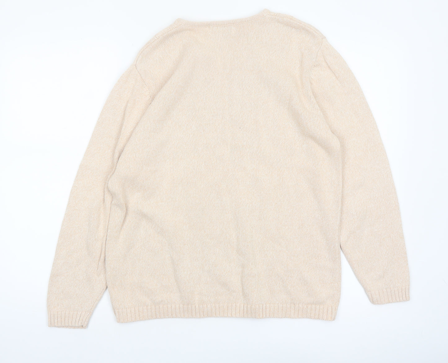 Jumper Women Beige V-Neck Cable-Knit Cotton Pullover L