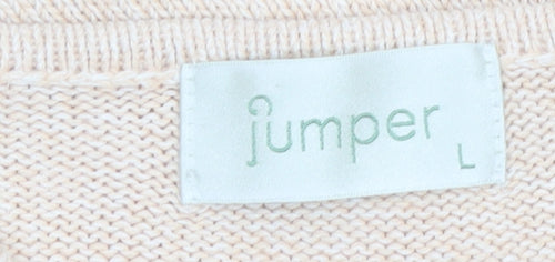 Jumper Women Beige V-Neck Cable-Knit Cotton Pullover L