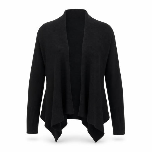 Front view of DKNY women’s black xs open front cotton acrylic cardigan
