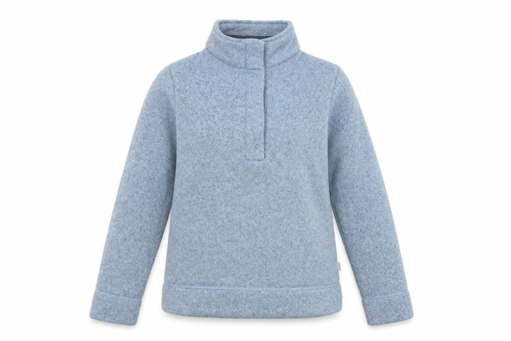Front view of Rohan women’s blue pullover fleece sweatshirt, size S