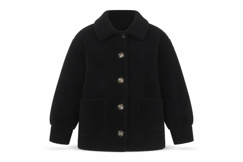 Front view of Pimkie Women's Black Fleece Button Coat, size 10, Classic Style