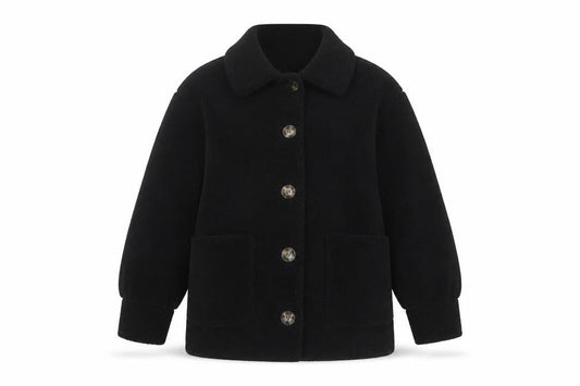 Front view of Pimkie Women's Black Fleece Button Coat, size 10, Classic Style