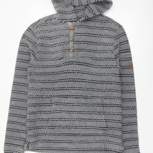Weird Fish Men's Grey Henley Knit Hoodie Small Hooded Striped Jumper