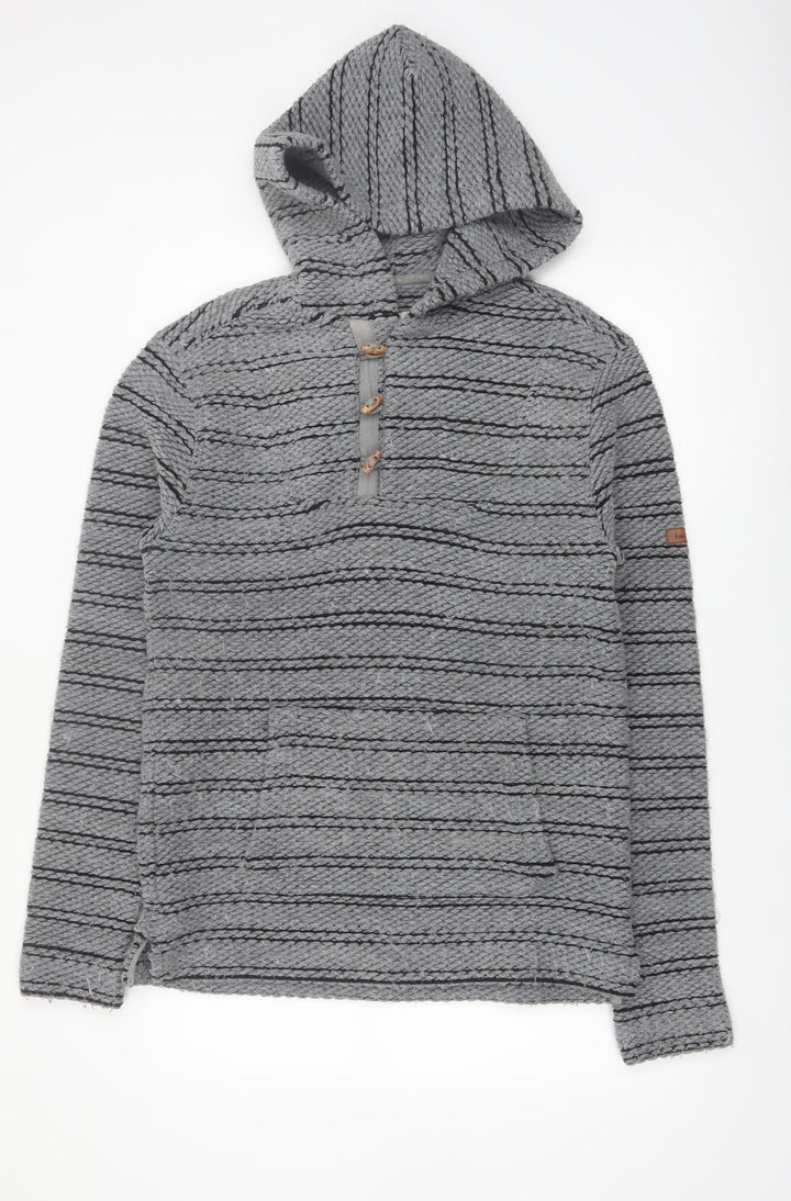 Weird Fish Men's Grey Henley Knit Hoodie Small Hooded Striped Jumper