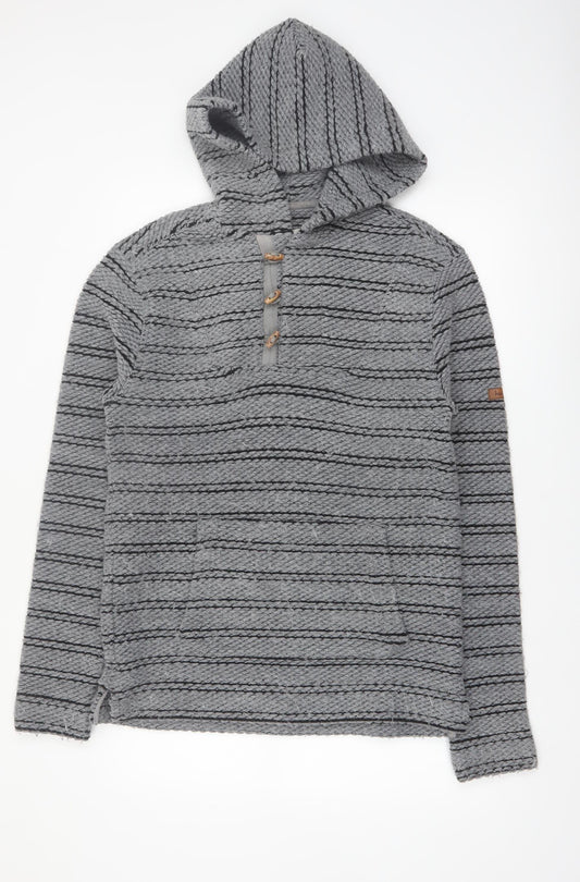 Weird Fish Men's Grey Henley Knit Hoodie Small Hooded Striped Jumper