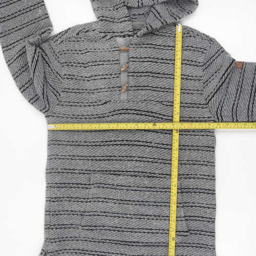 Weird Fish Men's Grey Henley Knit Hoodie Small Hooded Striped Jumper