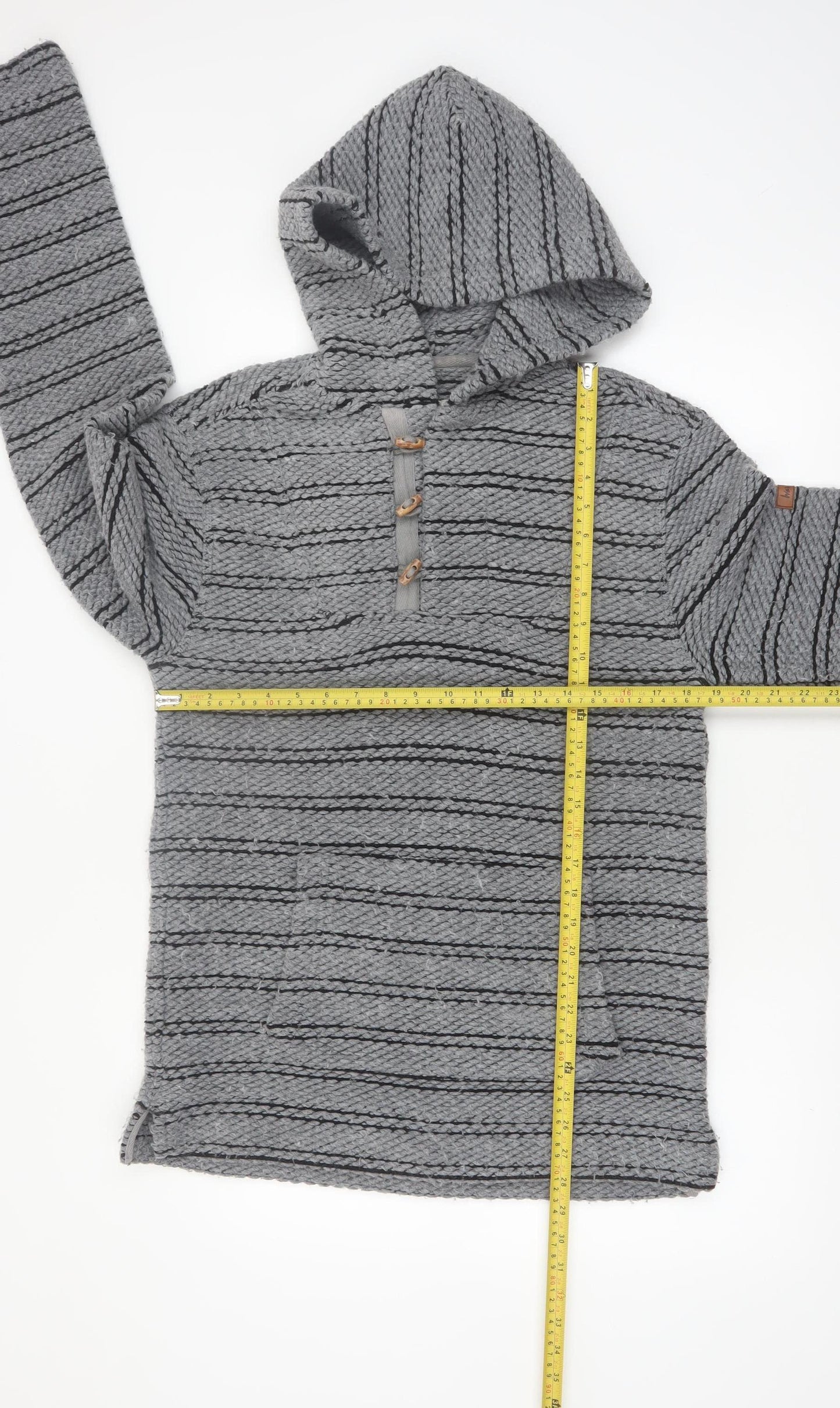 Weird Fish Men's Grey Henley Knit Hoodie Small Hooded Striped Jumper
