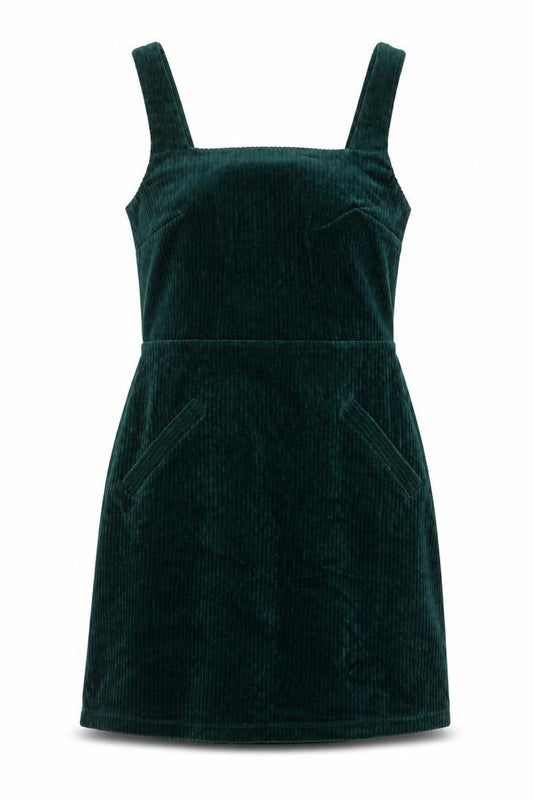 Front view of Topshop Tall Green Corduroy Pinafore Dress UK 8 Women's Short