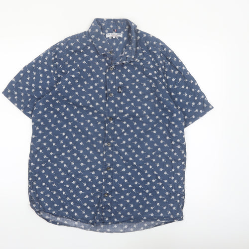 U.S. Polo Assn. Men's Blue Tropical Print Cotton Short Sleeve Shirt L