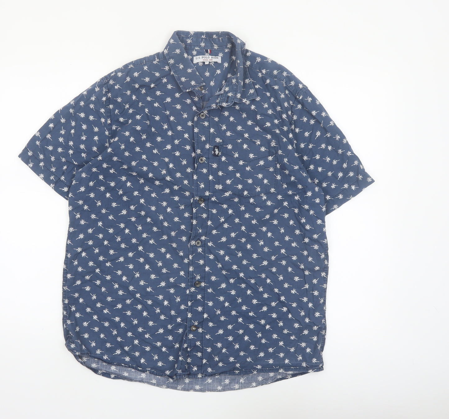U.S. Polo Assn. Men's Blue Tropical Print Cotton Short Sleeve Shirt L