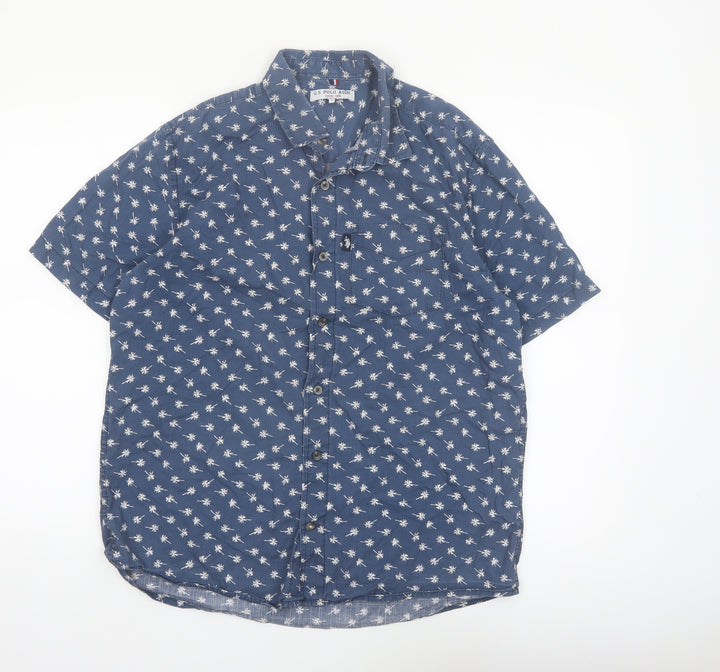 U.S. Polo Assn. Men's Blue Tropical Print Cotton Short Sleeve Shirt L