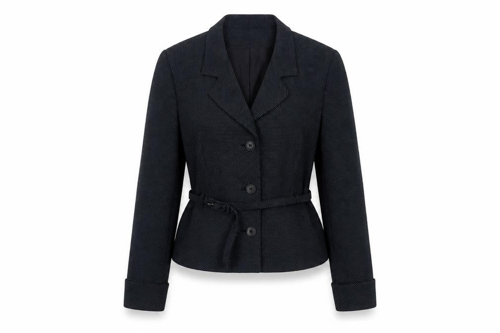 Front view of Barami Women's Black, size 10, Notch Lapel Belted Blazer Jacket