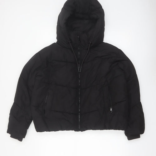 Zara Women Black Puffer Jacket Hooded Size 12 Polyester Short Winter Coat