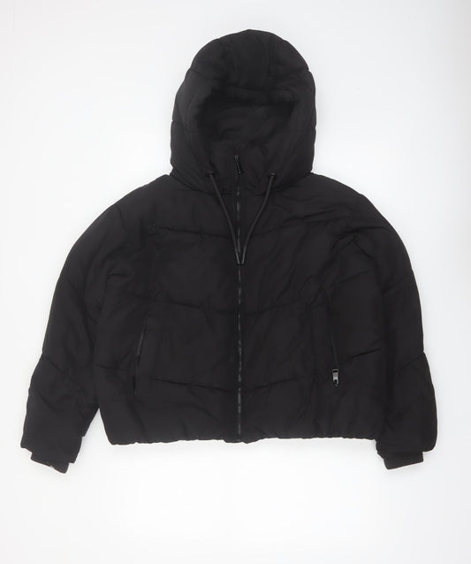 Zara Women Black Puffer Jacket Hooded Size 12 Polyester Short Winter Coat