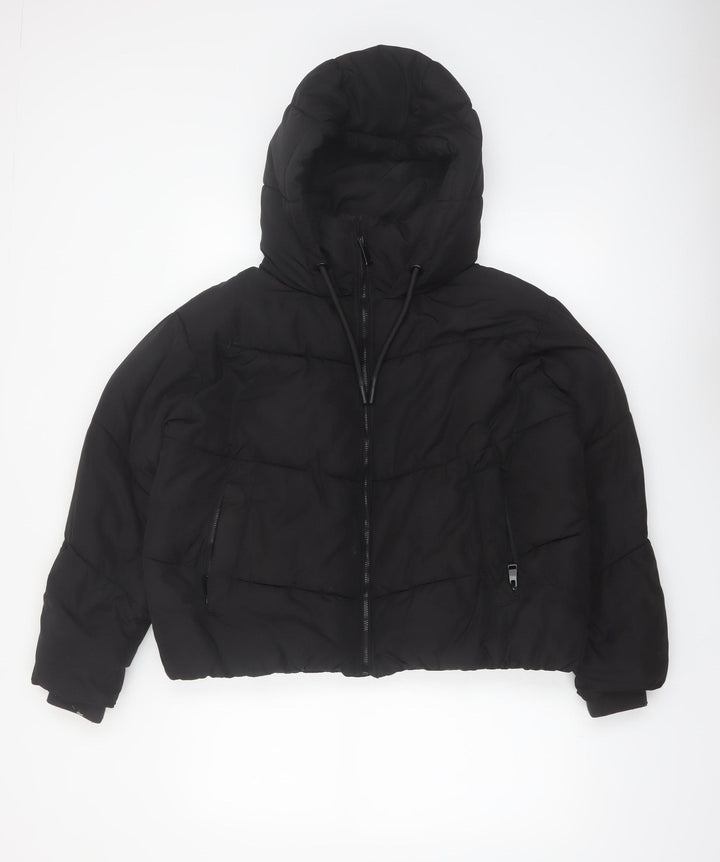 Zara Women Black Puffer Jacket Hooded Size 12 Polyester Short Winter Coat