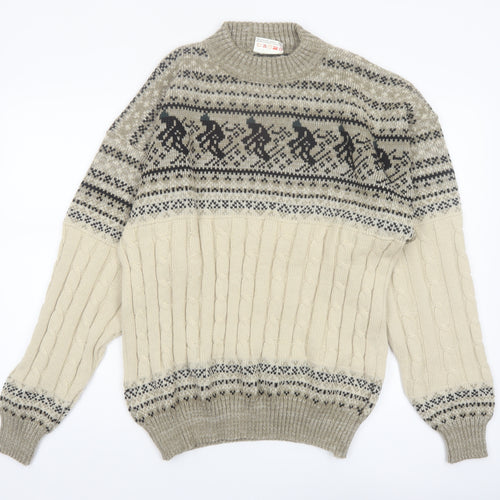 Comfort Zone Men’s Beige Fair Isle Cable-Knit Pullover Jumper XL