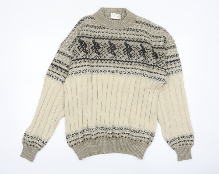 Comfort Zone Men’s Beige Fair Isle Cable-Knit Pullover Jumper XL